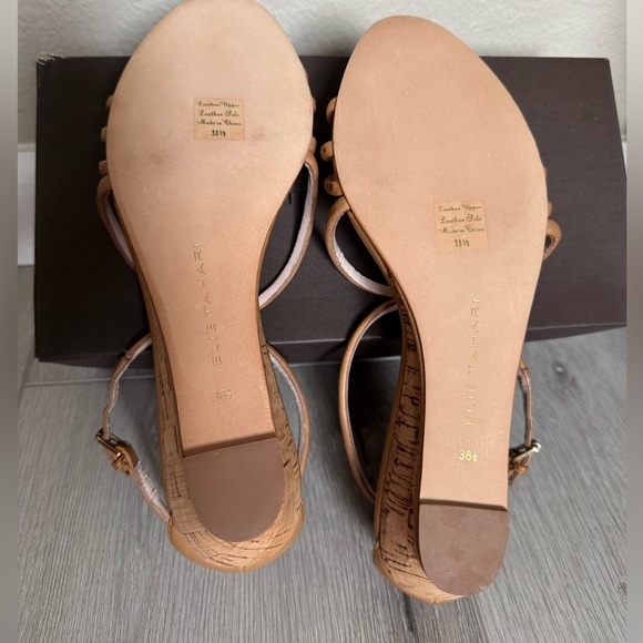 $268 ELIE TAHARI HEATHER Cognac Leather Designer Cork Low Wedge Sandals 8 / 38.5 - Picture 5 of 9